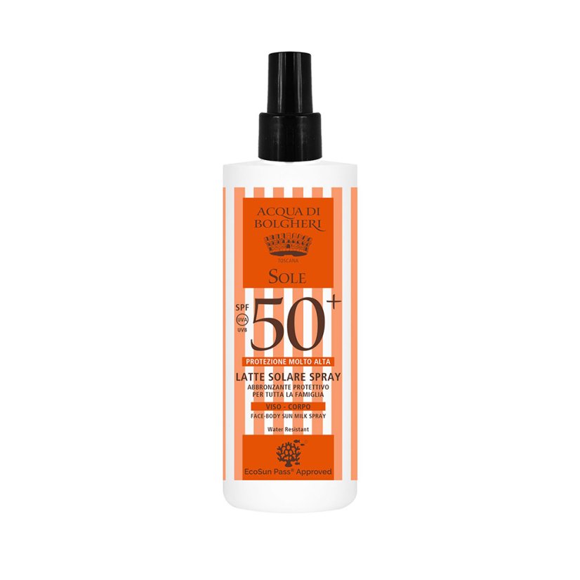 Opalovací mléko ve spreji Acqua di Bolgheri SPF 50+, 150 ml, v oranžovém flakonu s černým uzávěrem.
