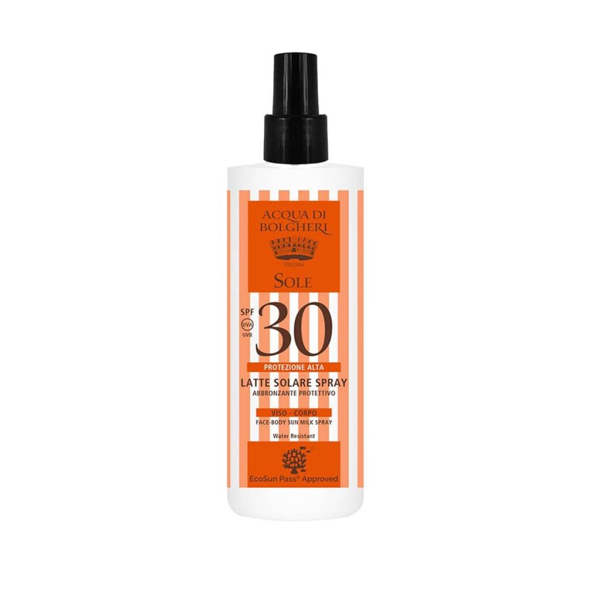 Opalovací mléko ve spreji Acqua di Bolgheri SPF 30, 150 ml, v oranžovém flakonu s černým uzávěrem.